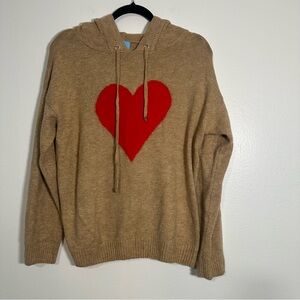CeCe Camel Knit Hoodie Sweater Red Heart Graphic Women’s Size Small